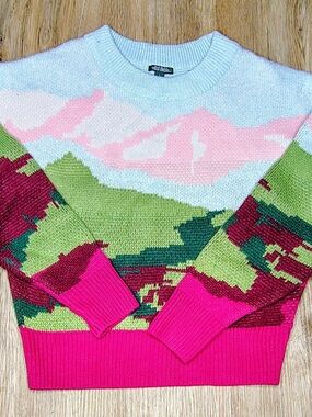 Pull&Bear Scenic Crewneck Sweater - Pink, Green & Fuchsia